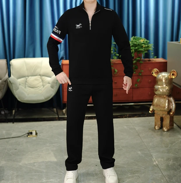 【麦炫严选】2025秋季男士长袖翻领时尚休闲百搭套头卫衣套装TZ2041