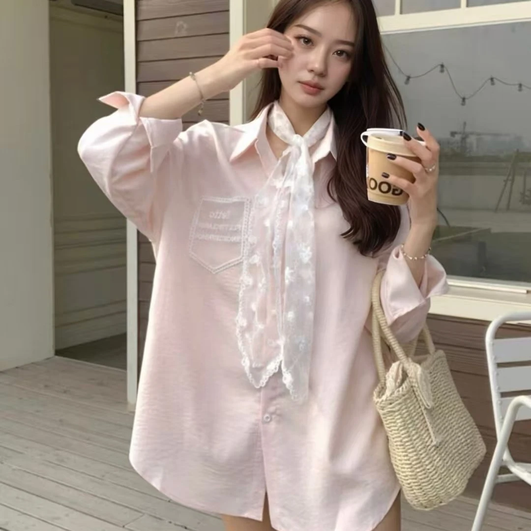 夏季温柔风蕾丝领带长袖衬衫女2025春季新款清新设计感衬衣开衫