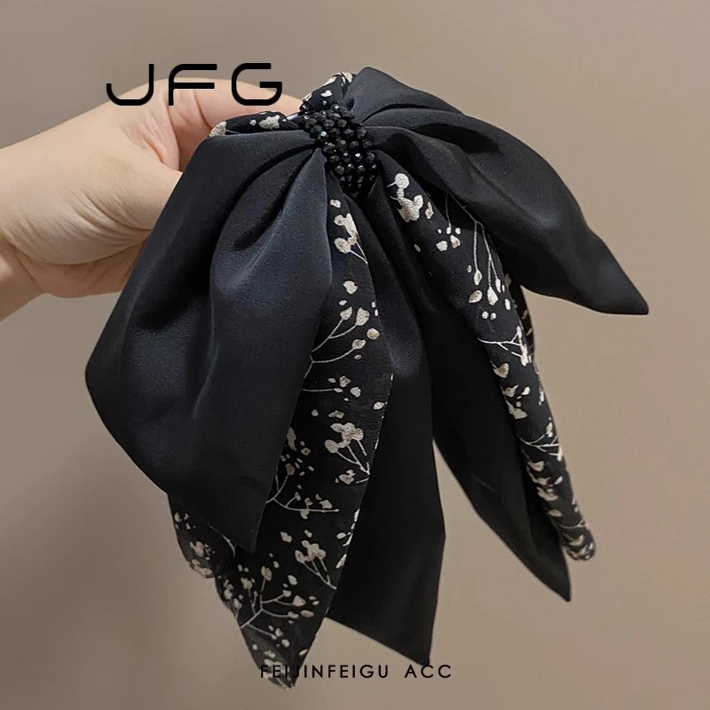 复古黑色碎花蝴蝶结抓夹女半扎发盘发马尾夹显发量显脸小鲨鱼夹新