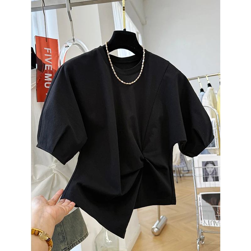 设计感扭结开叉修身短袖T恤女夏季不规则短款半袖单穿超好看上衣