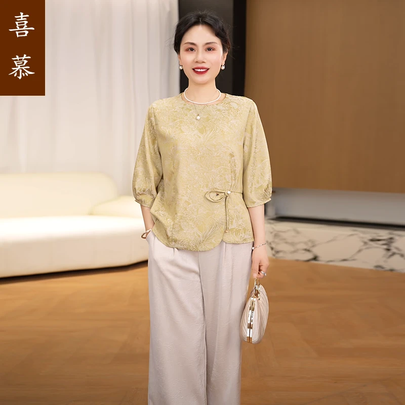 妈妈夏装短袖小衫洋气套装2025新款中老年女装时尚t恤上衣两件套