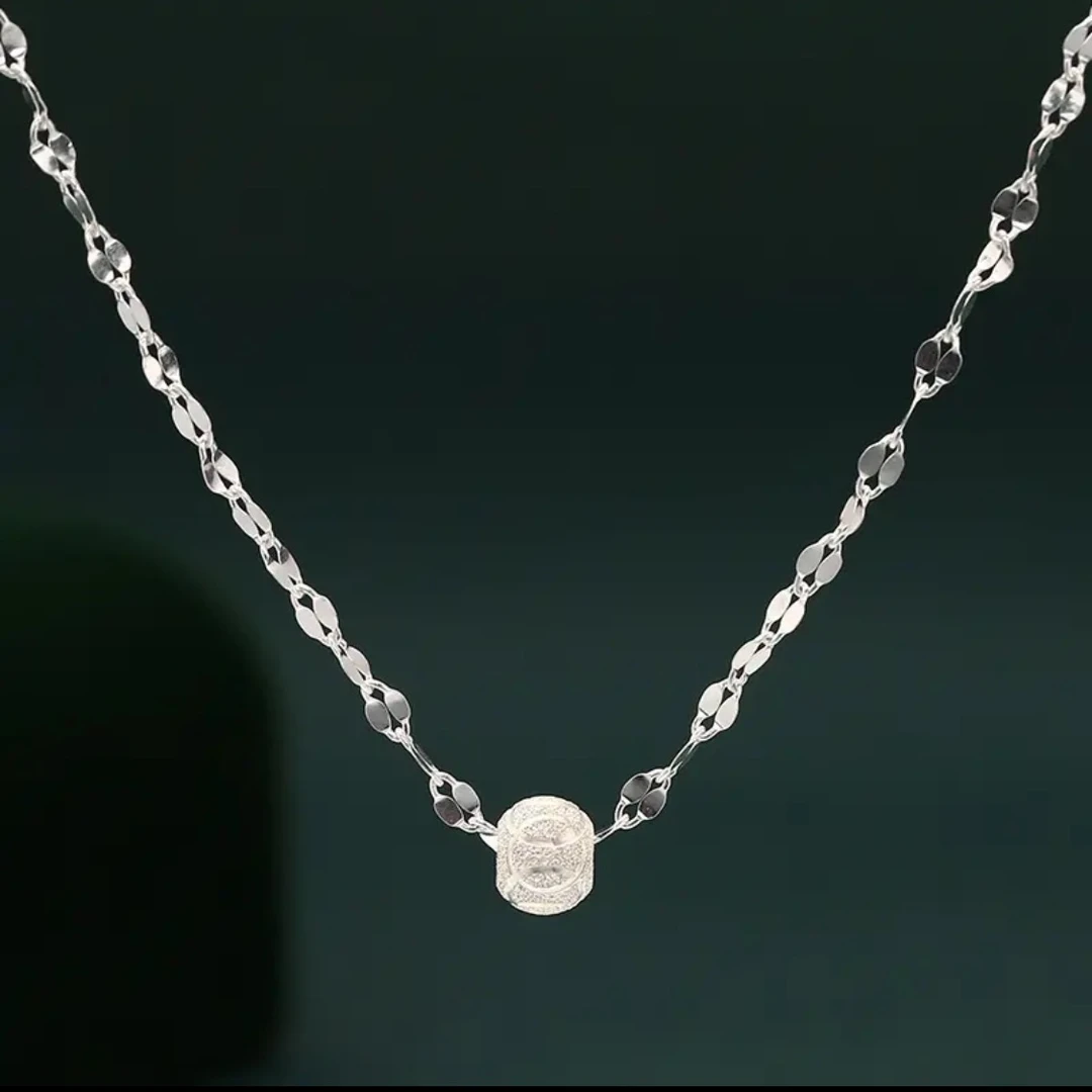 坠链均足银 9999纯银印花嘴唇链+1颗6n转运磨砂珠套链母亲节520