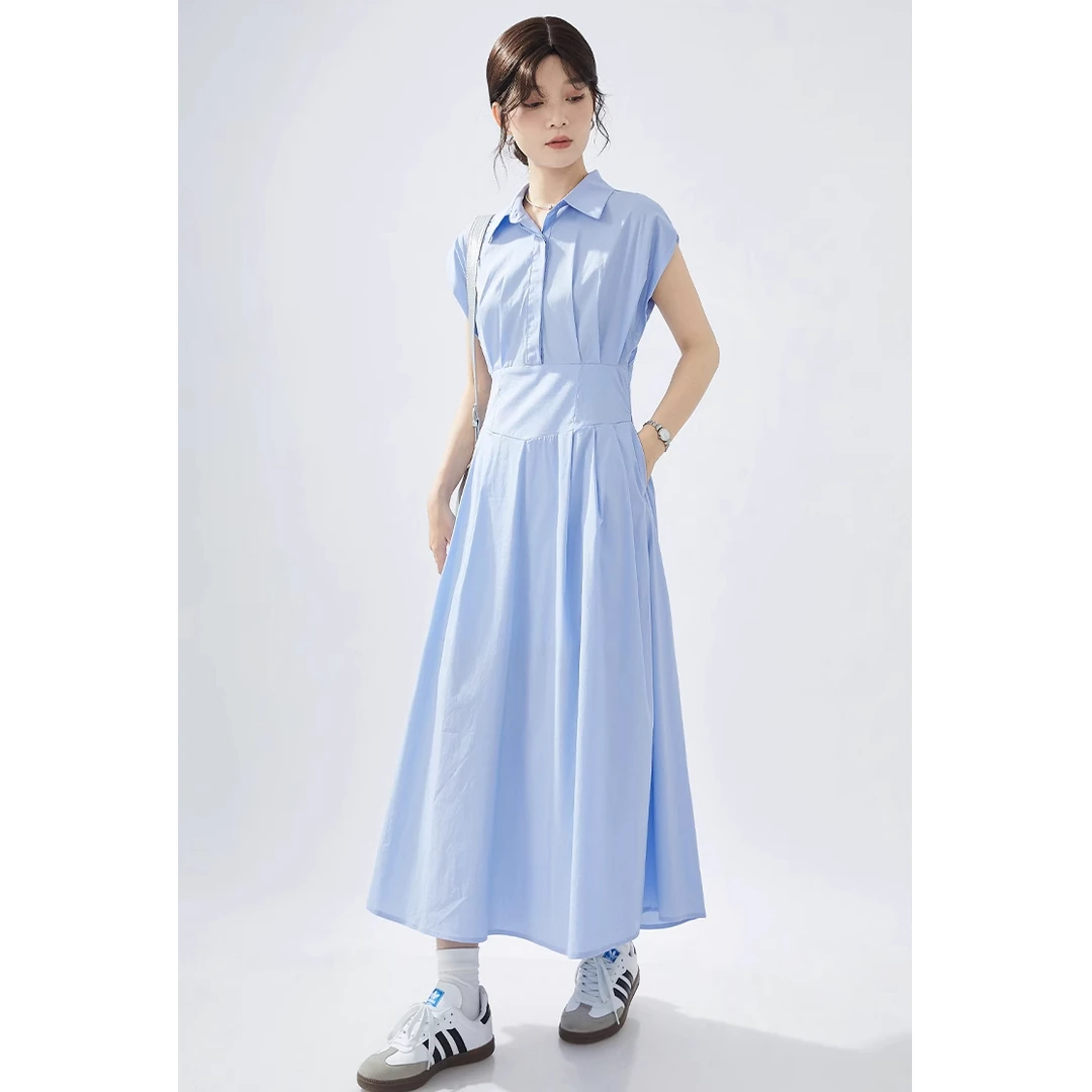GUIER/桂儿Polo领无袖连衣裙女春法式收腰显瘦褶皱气质长裙G2583