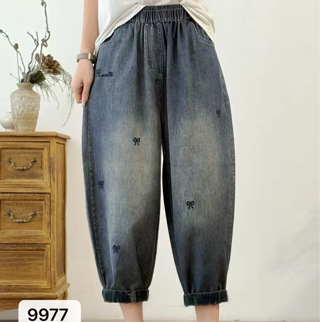 水洗牛仔裤春夏女八分裤高腰老爹裤做旧蝴蝶结刺绣哈伦裤夏季宽松