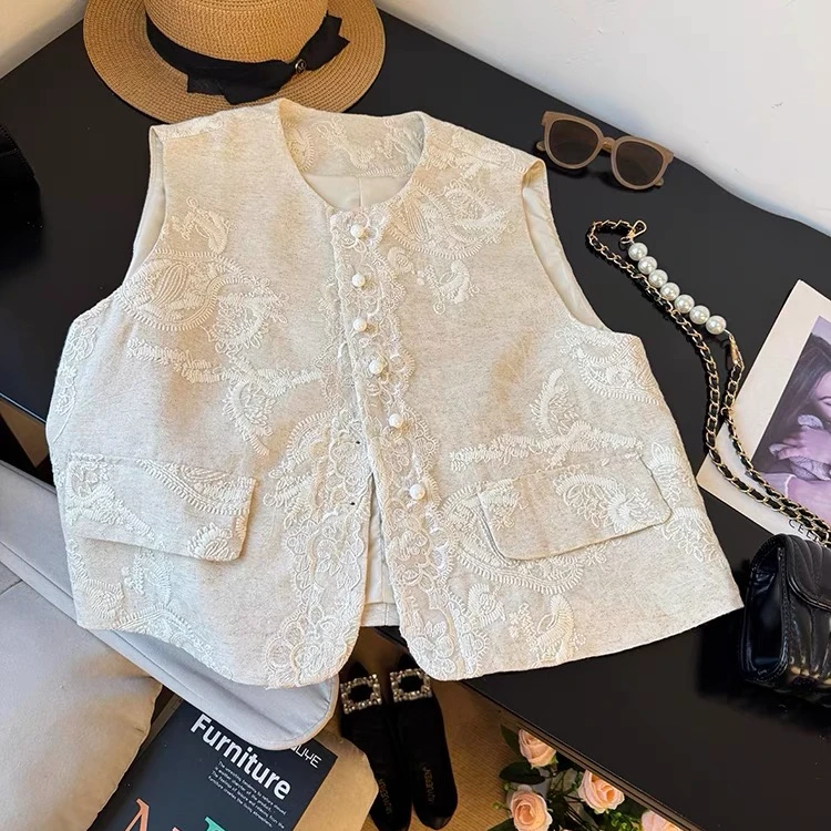 2025春季新款新中式重工蕾丝钩花圆领马甲 法式坎肩外套