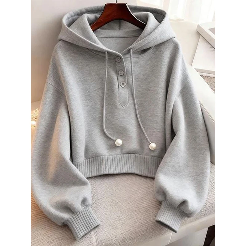 【现货】2025年秋季连帽长袖纯色慵懒风钉珠抽绳卫衣女显瘦遮肉上衣