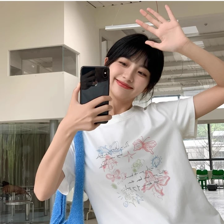 【常规正肩】小清新白色印花短袖正肩T恤女夏季设计感小众别致上衣