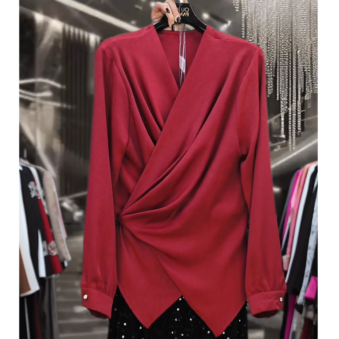 636/新V领系绳设计感长袖百搭上衣/欧盼全品