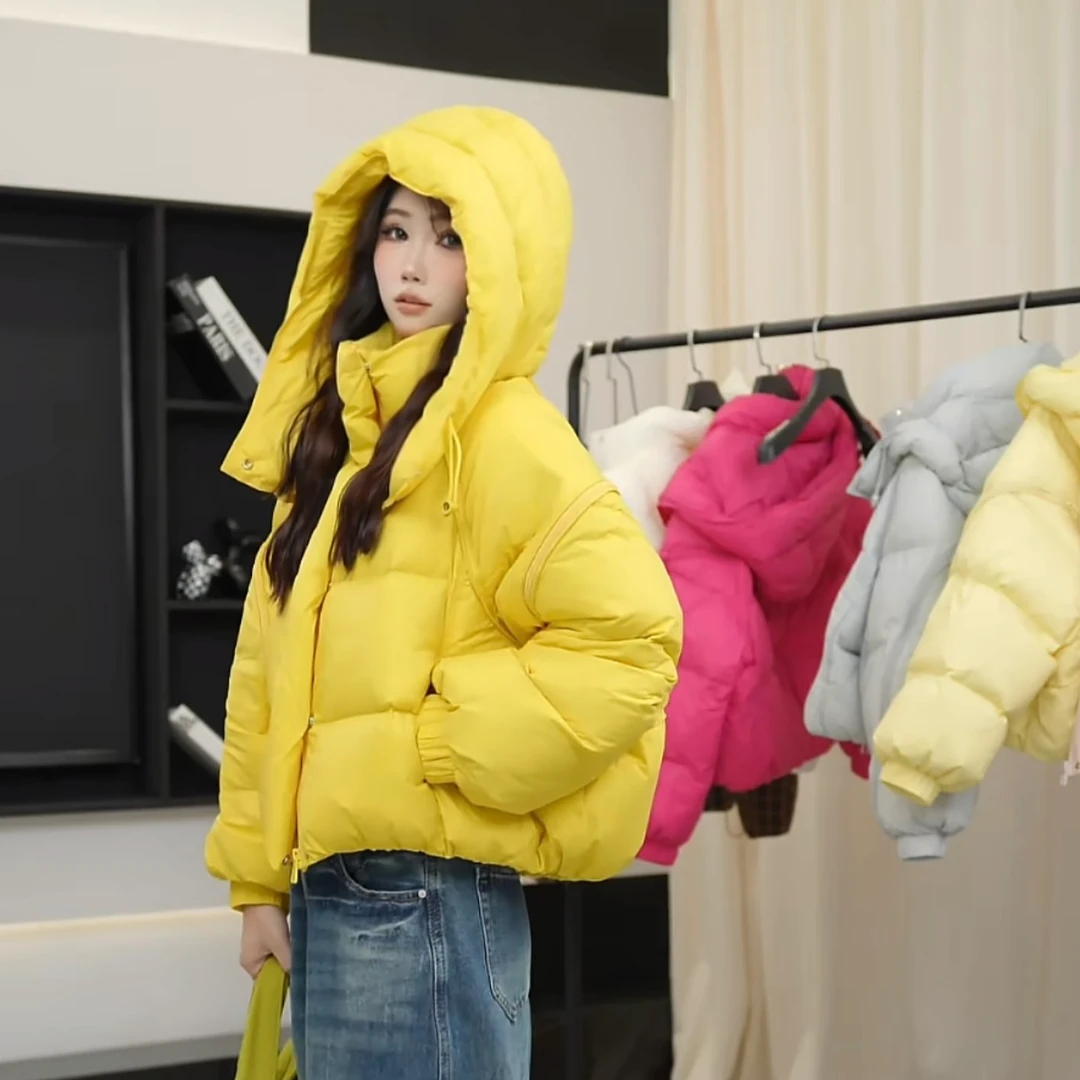 韩版加厚宽松短款拉链袖子连帽保暖羽绒服女小个子韩版宽松外套