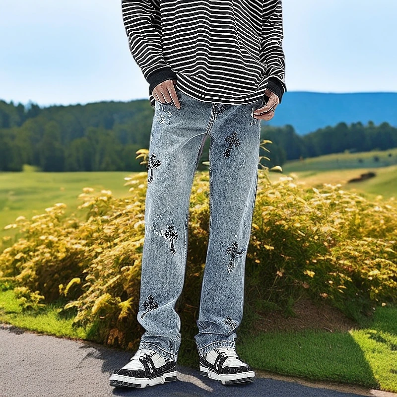 克罗夏季牛仔裤潮男美式高街印花春秋季水洗百搭做旧直筒破洞复古