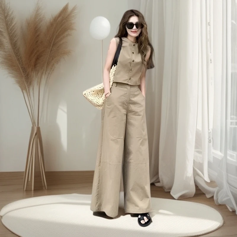 网红2025炸街欧货卡其色马甲上衣裤子两件套装女夏痞帅炸街风女装