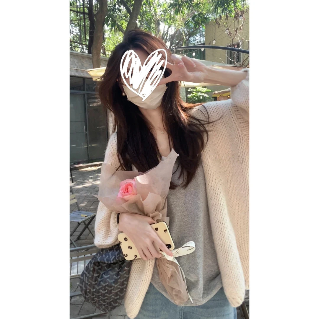 秋新款【秋以至】灯笼袖大版慵懒针织开衫氛围长袖针织衫