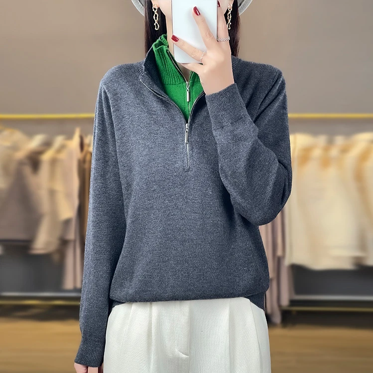 撞色双开拉链秋季薄款长袖毛针织衫毛衣女百搭羊毛衫打底休闲时尚