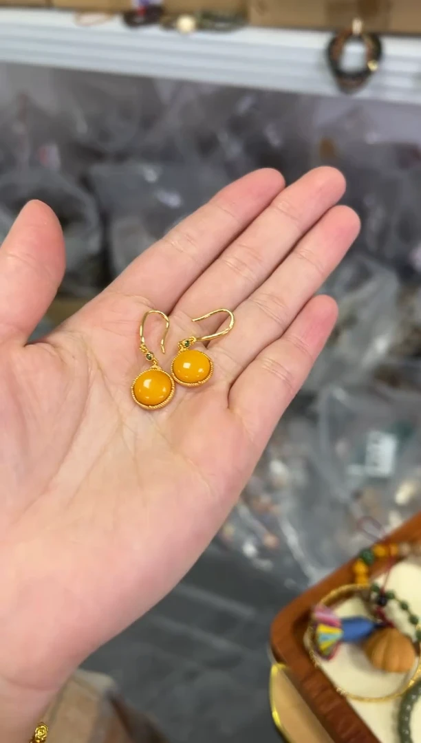 【闪购商品】蜜蜡耳饰银S925镶嵌蜜蜡圆蛋面银耳钩[348]