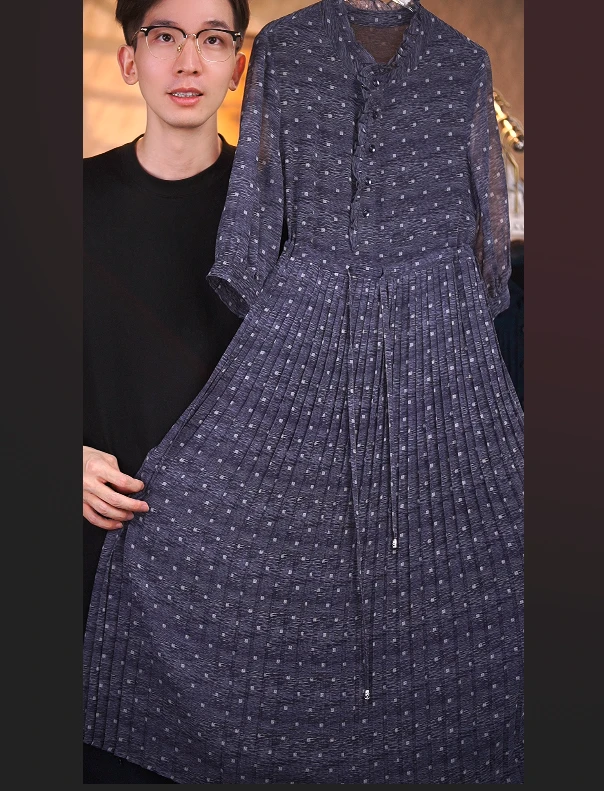 C203蓝色点点千褶XW1宽松连衣裙女装连衣裙显瘦长款