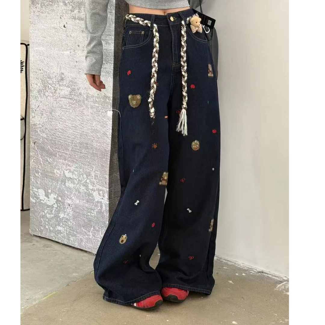 2025早秋 美式显瘦街头复古冼水刺锈小熊高腰阔腿牛仔裤女1039
