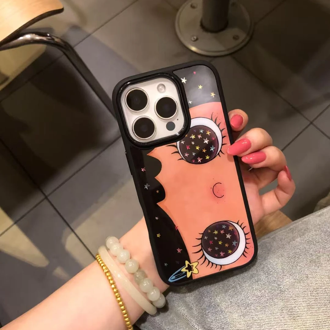 鎏金玻璃横屏大眼睛女孩适用苹果16pro/iPhone15p/14手机壳13卡通