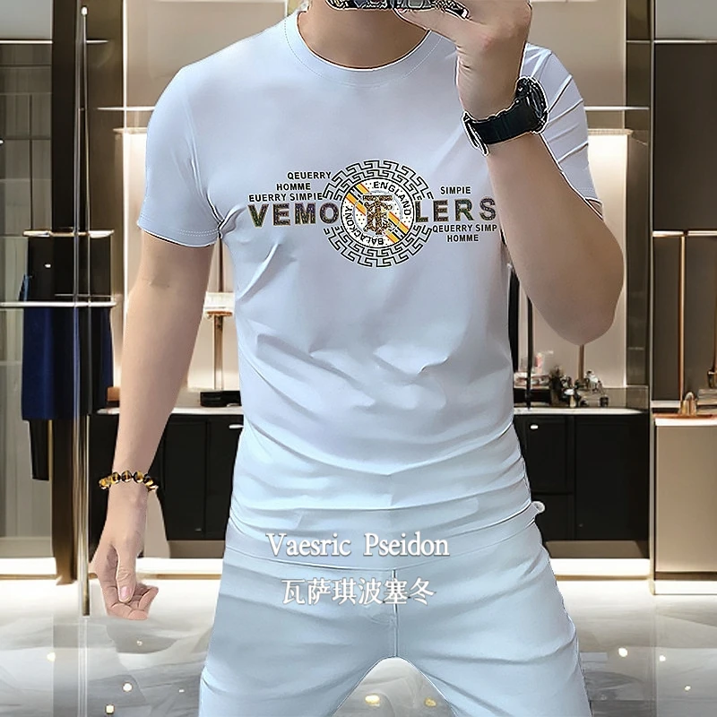 Vaesric Poseidon/瓦萨琪波塞冬男士夏T恤时尚烫钻印花丝光棉舒适
