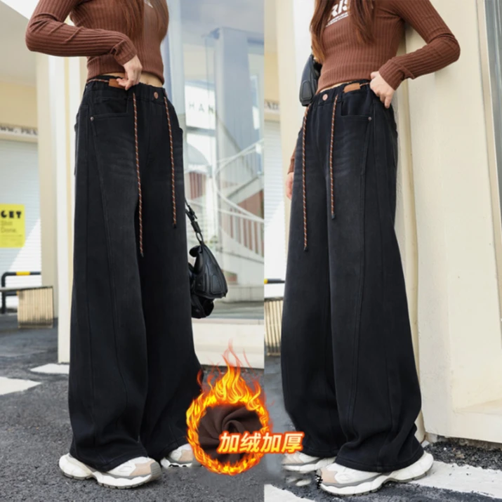 女童加绒牛仔裤2025冬季新款中大童宽松洋气阔腿裤宽松保暖直筒裤