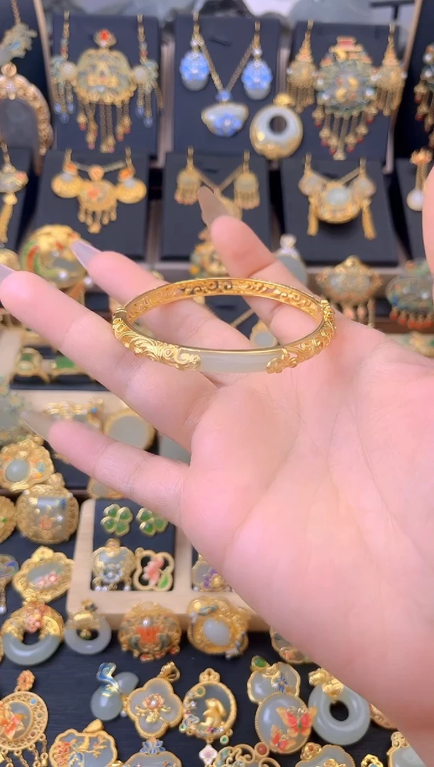 【闪购商品】和田玉手镯银S925镀金镶嵌花丝镂空手镯