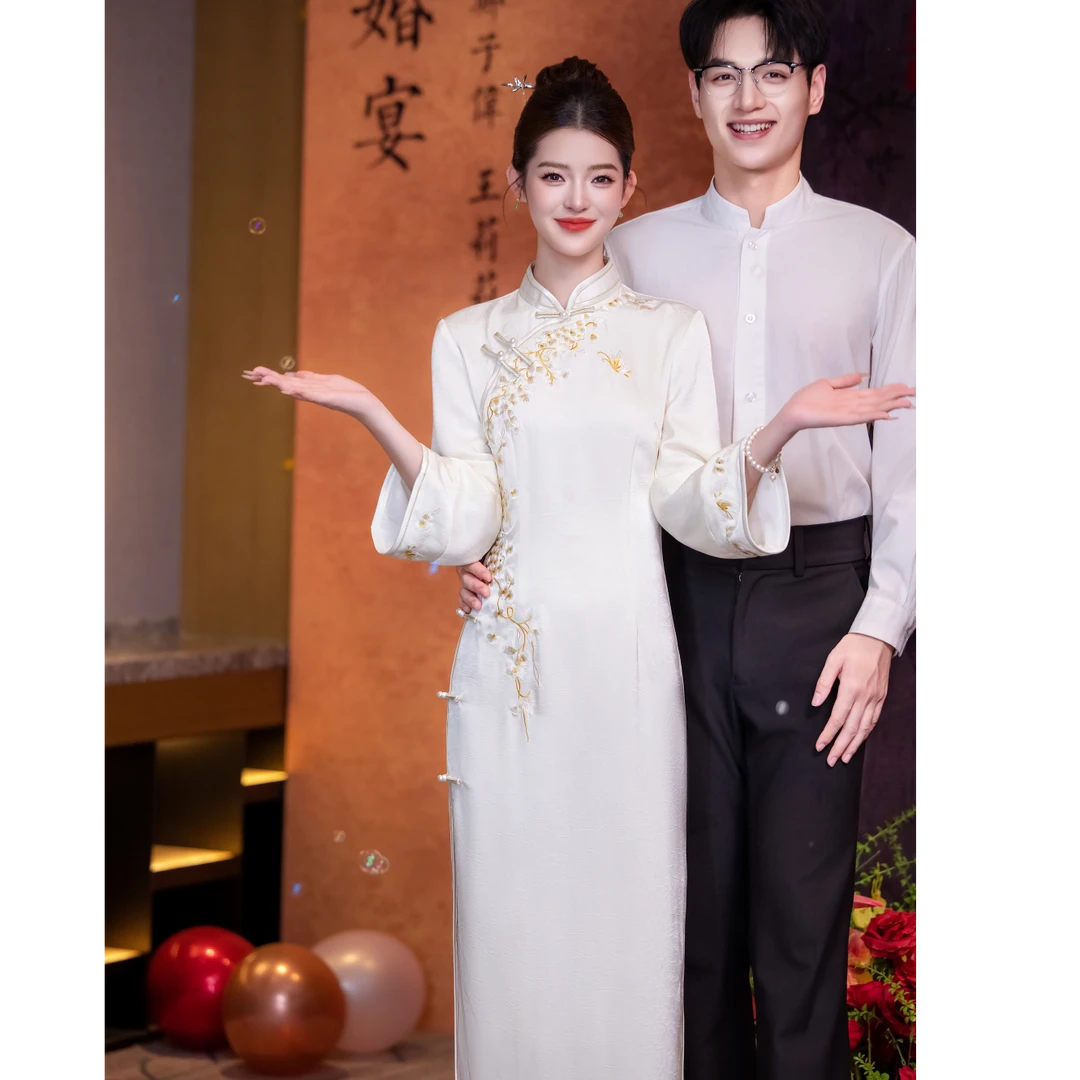 青未了【许我长欢】秋冬新款珠光缎刺绣气质中国风改良旗袍 衣长120