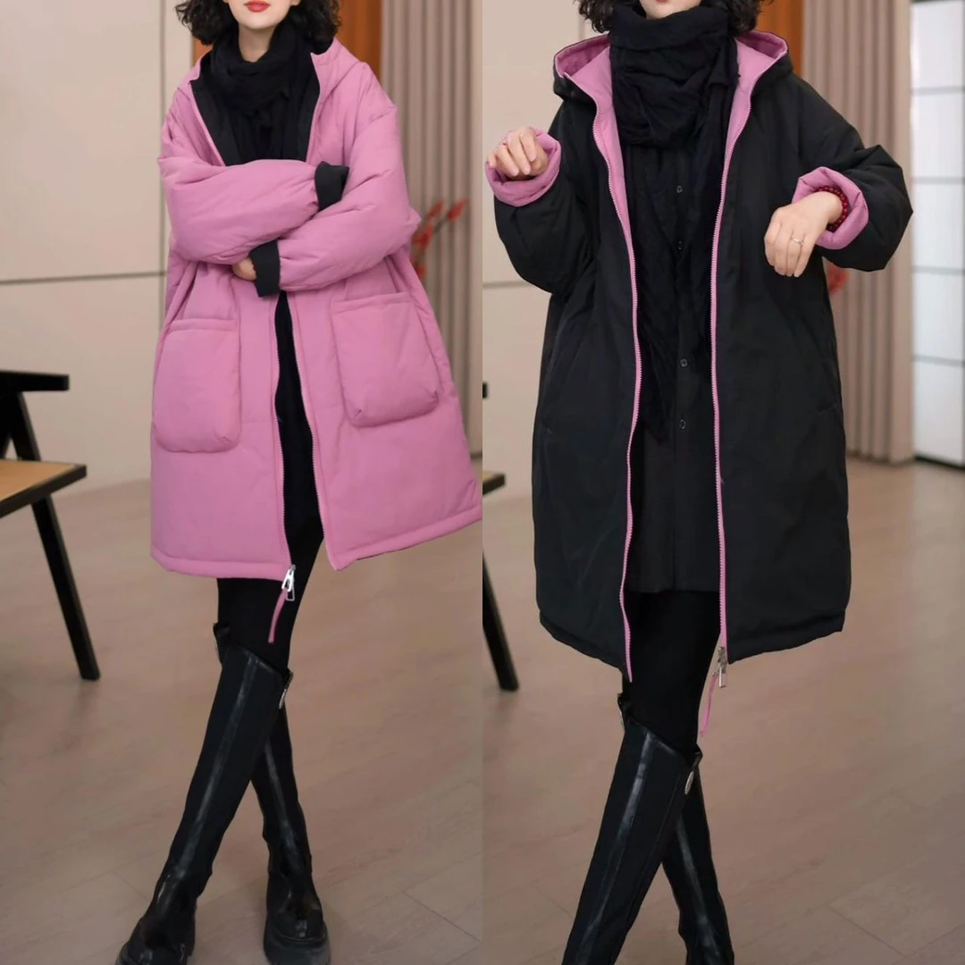 韩版极简风加棉保暖抗风连帽棉服2025秋冬新款撞色拼接大口袋外套