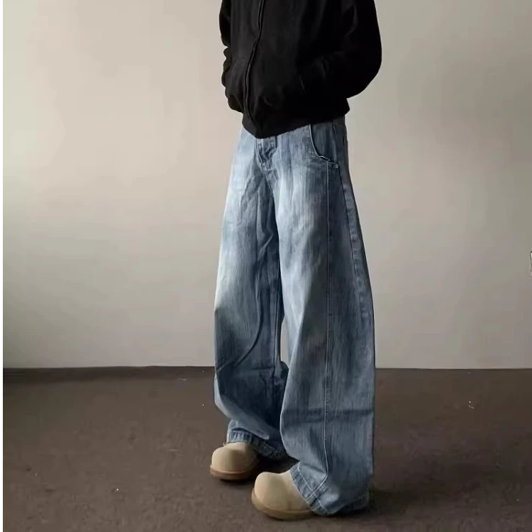 美式复古水洗竹节纹弯刀牛仔裤男女款高街新款阔腿显瘦休闲长裤子