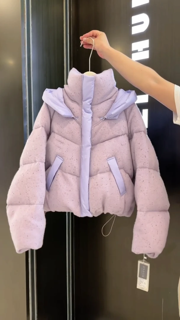 韩系超好看高级感紫色短款棉衣棉服女冬2025新款设计感面包服外套