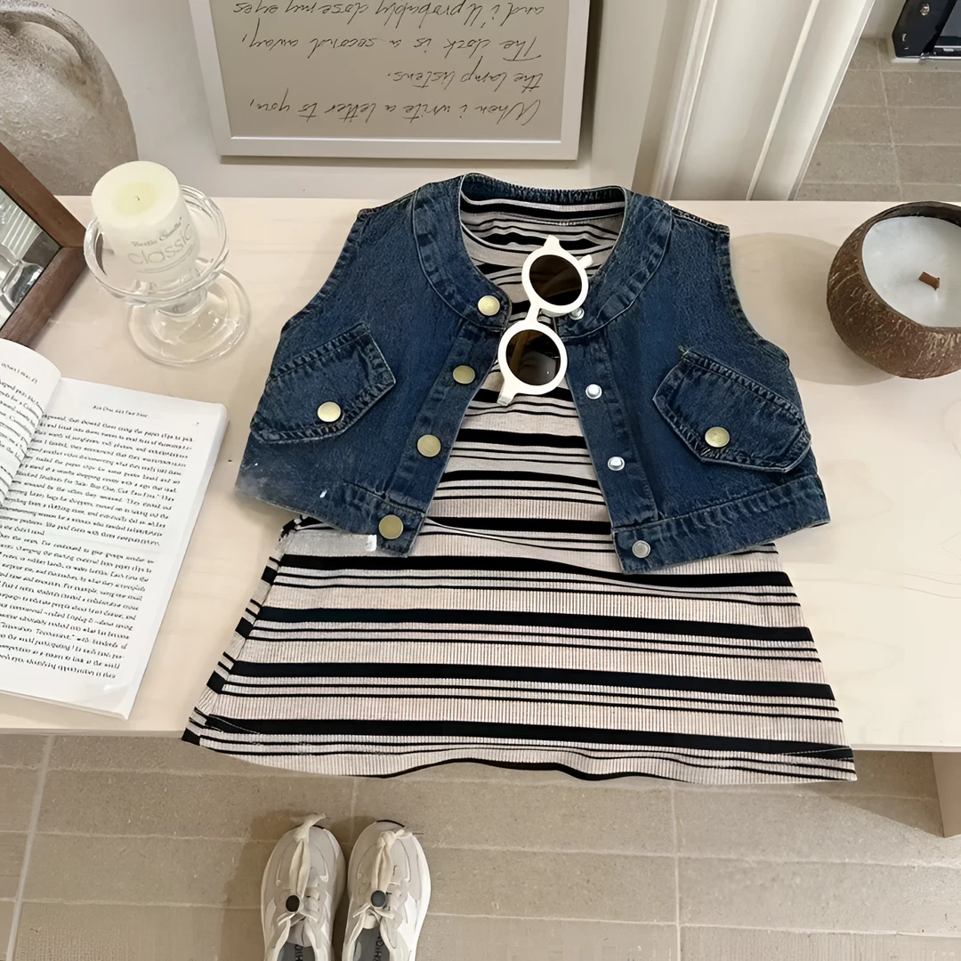 【黑妞妞】韩系女童夏装洋气套装夏季条纹连衣裙牛仔马甲套装58703