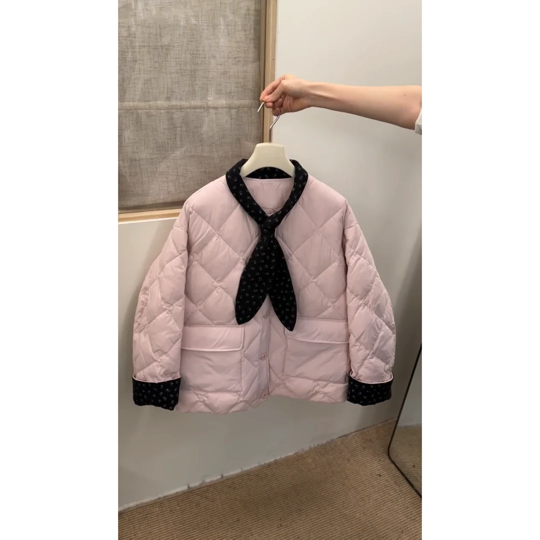 MARIE.COCO韩系温柔风设计感小碎花拼接菱格纹棉服外套冬季保暖装