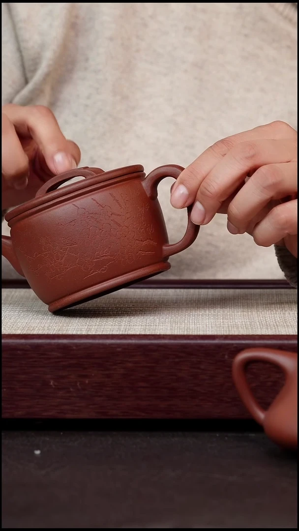 茶杯紫砂小红泥汉瓦刻梅花