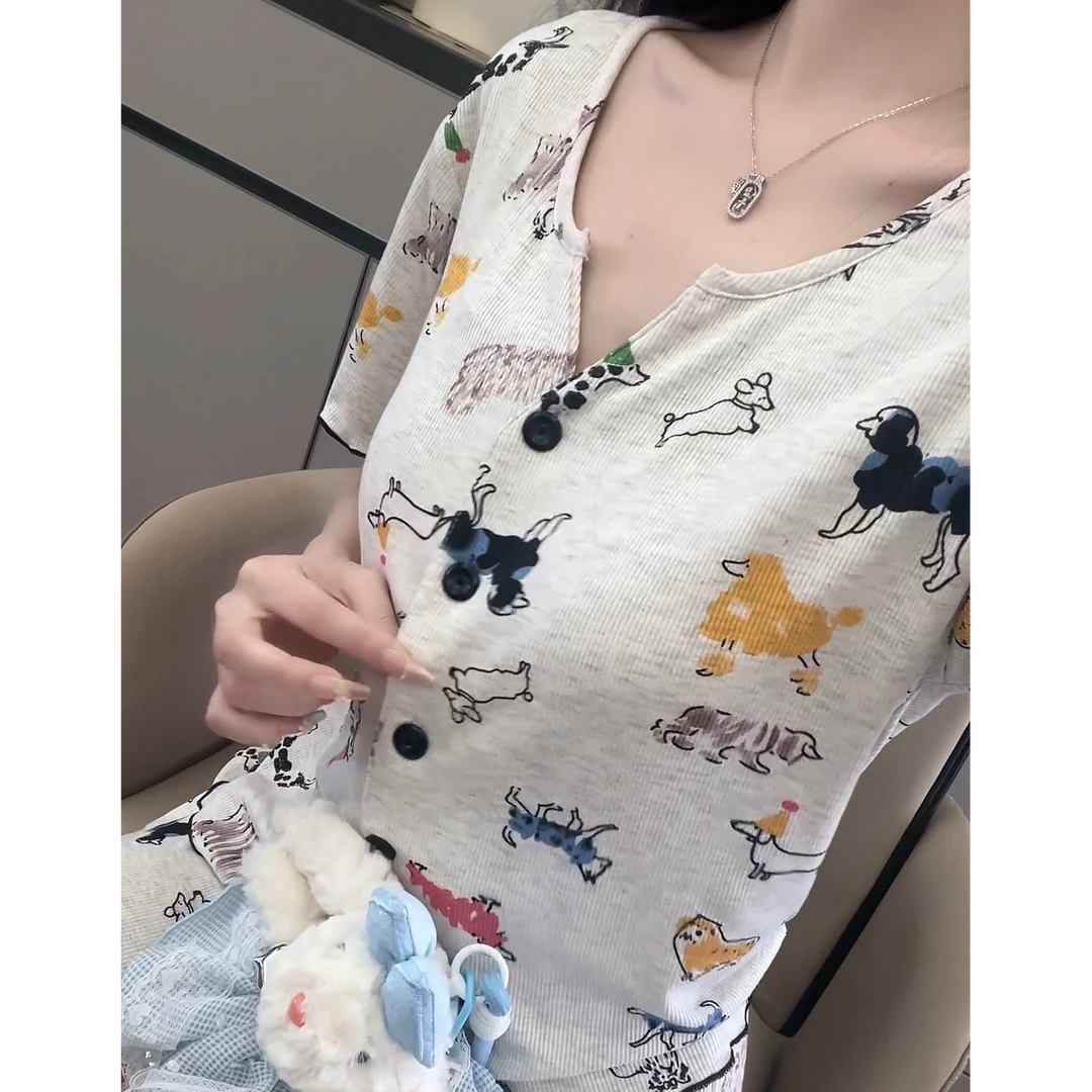 【动物乐园】甜美带胸垫女士夏季短袖短裤舒适家居服睡衣套装