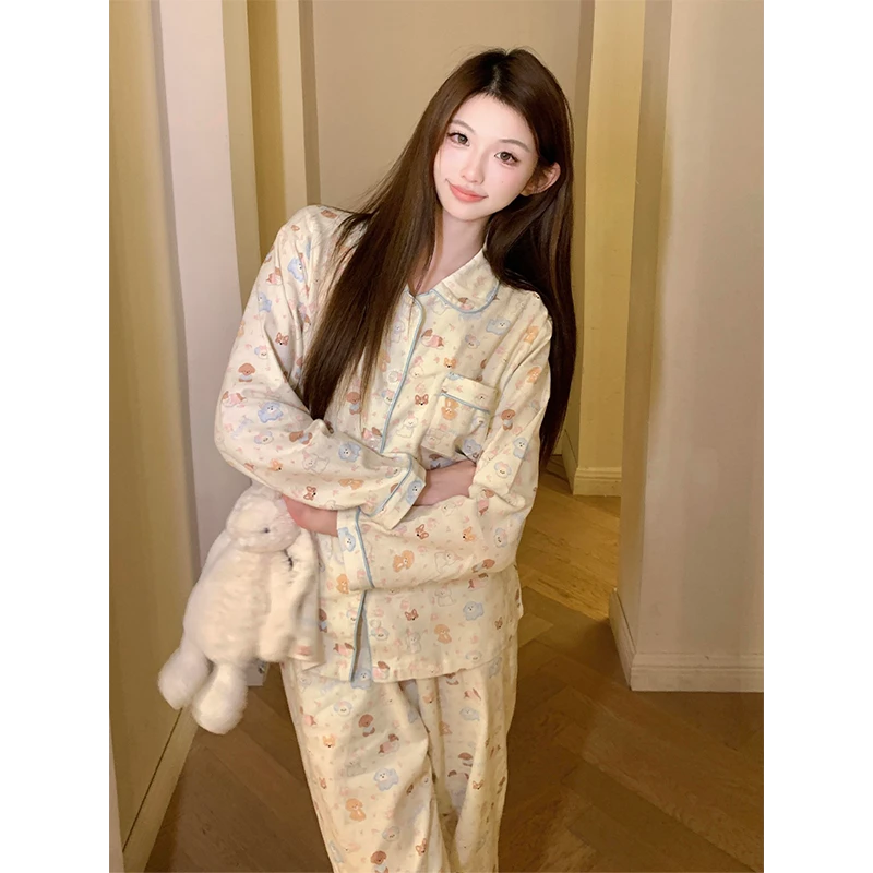 少女可爱卡通趣味小熊印花睡衣女款春秋2025开衫长袖家居服两件套