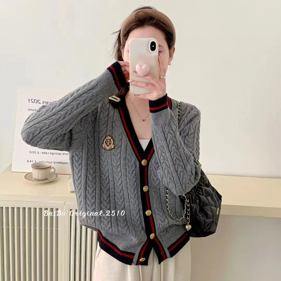 V领麻花学院风长袖春款针织开衫毛衣外套女