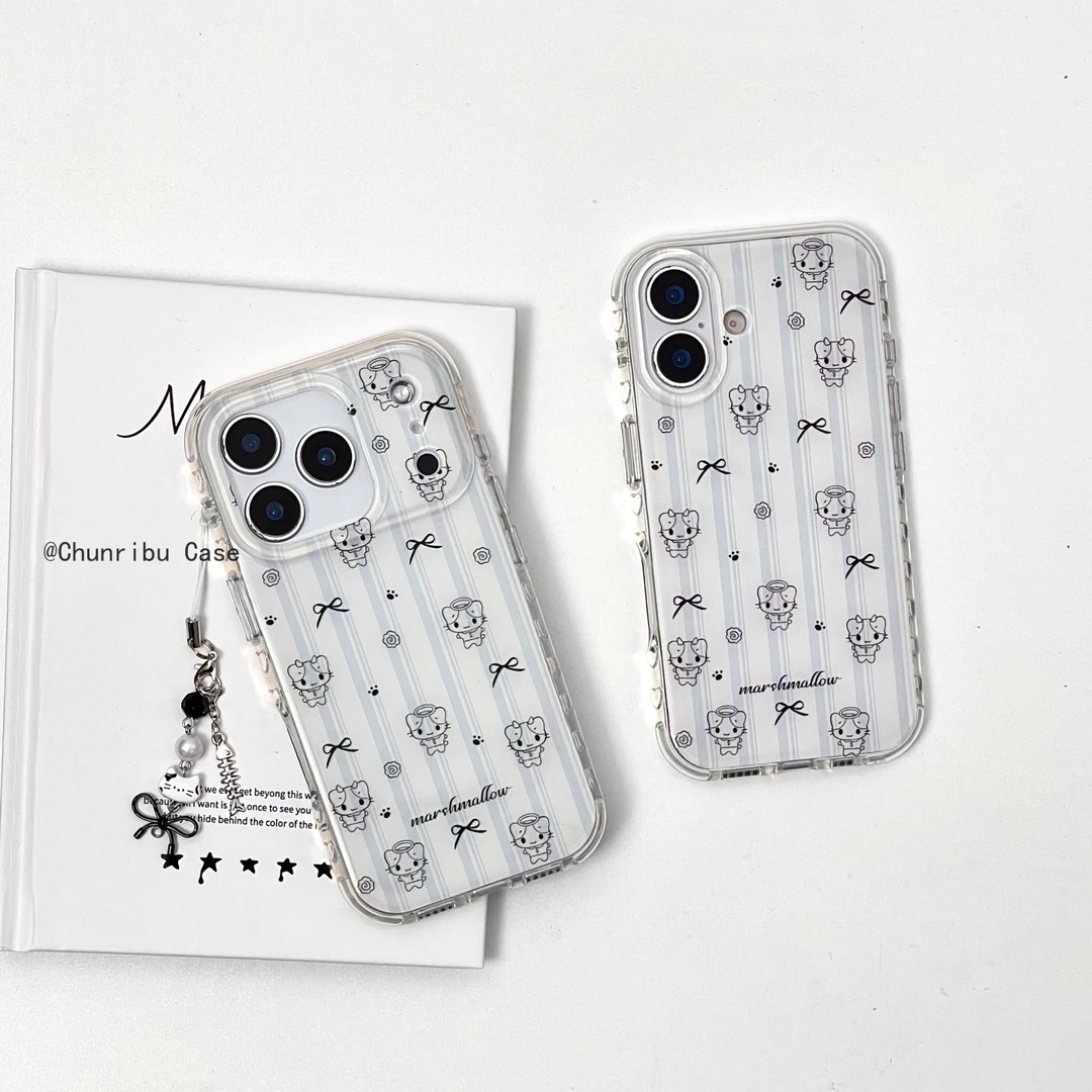 卡通灰蓝条纹蝴蝶结天使小猫适用苹果17/16promax手机壳15/14/13