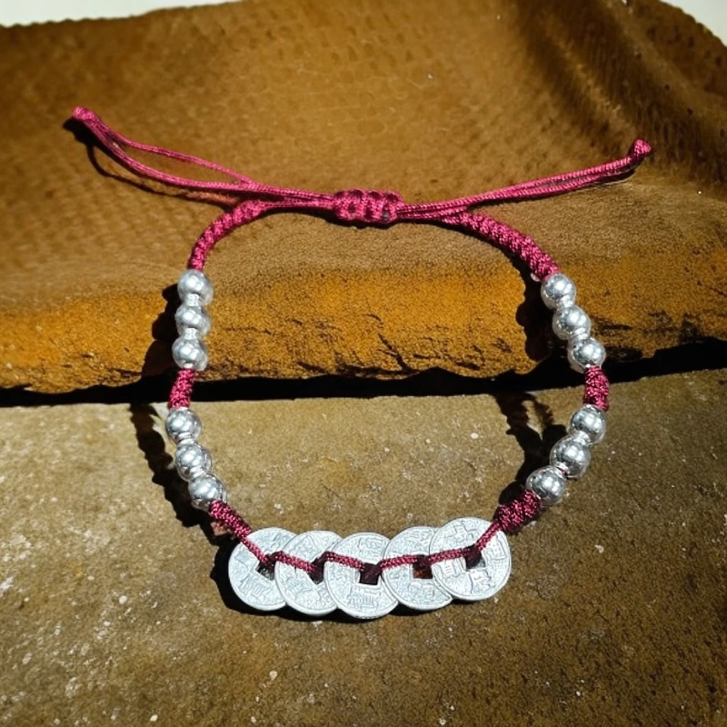 足银手链 民族风五帝钱拉抽红绳手链