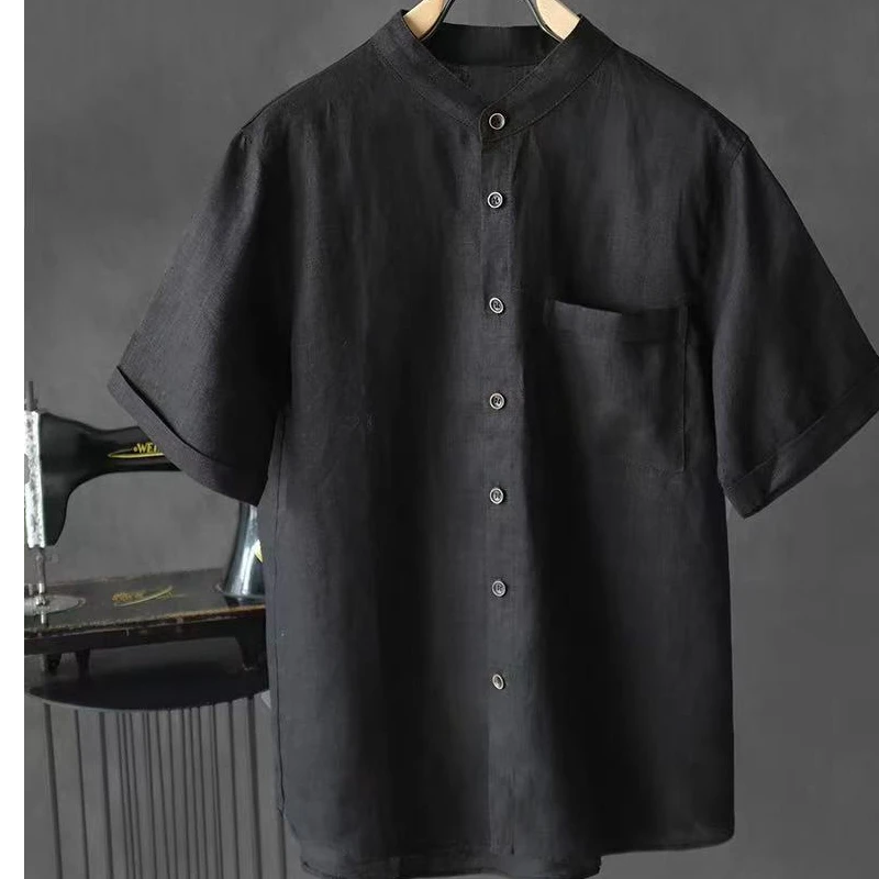 【100%汉麻】夏季休闲短袖衬衫中式复古立领薄纯色衬衣