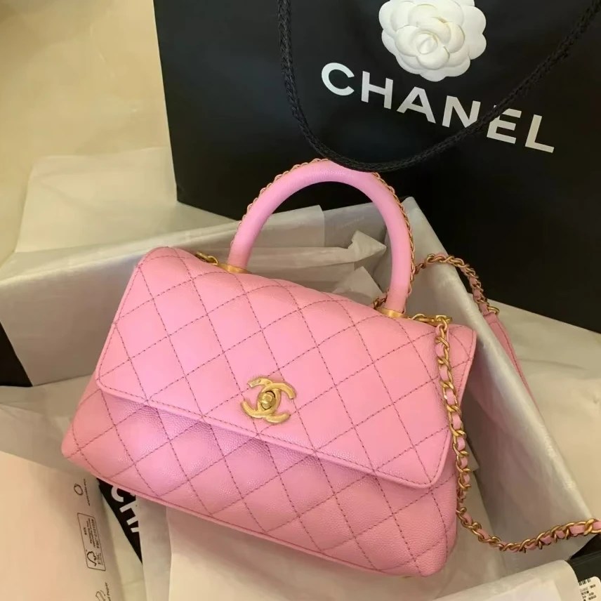 95新 Chanel/香奈儿 青奢荟/coco憨豆粉色小号手提包/57316换