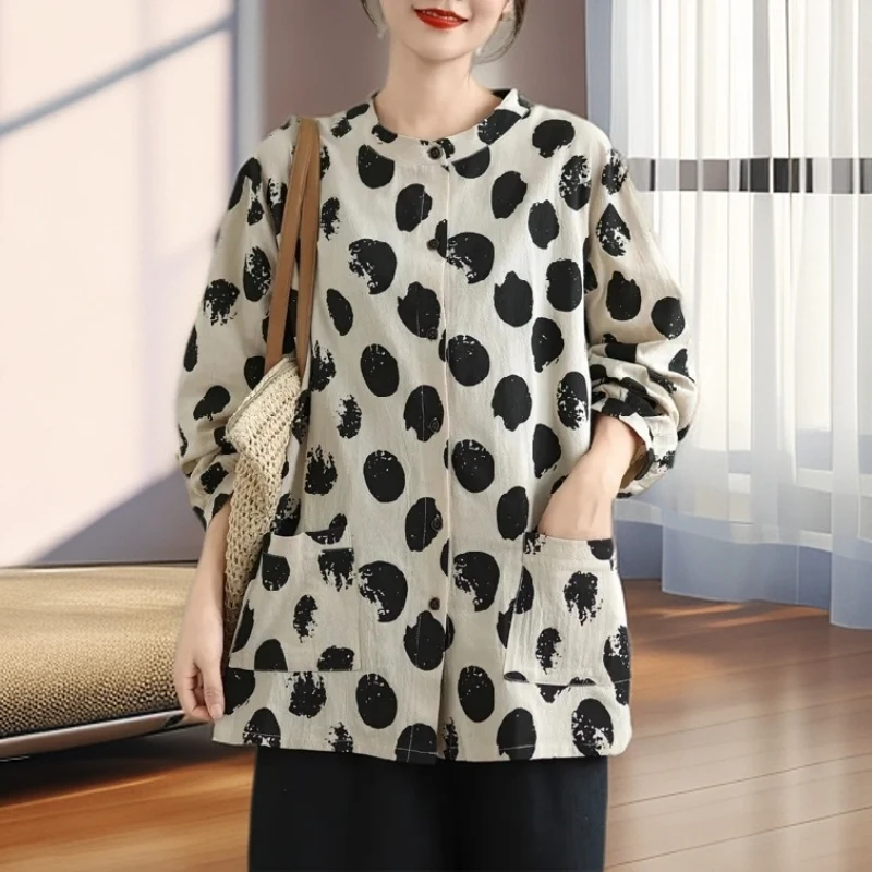 【雅岚女装】大码女装妈妈装开衫上衣春秋新款复古圆点棉麻长袖衬衫