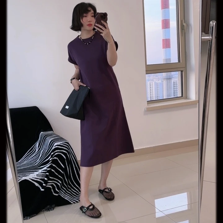 有腔调包容身材纯色气质宽松显瘦亲肤空气感凉爽T恤连衣裙女夏季