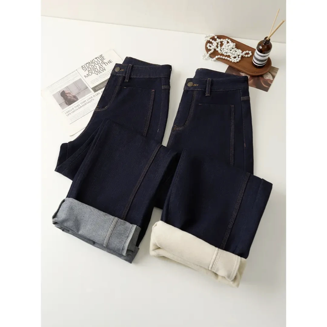 【现货】2025四季款高腰显瘦宽松直筒加厚绒阔腿牛仔裤 8940