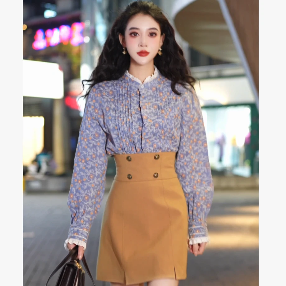 AMASS/阿玛施印染拼接时尚衬衫复古休闲气质 百搭长袖上衣5301059