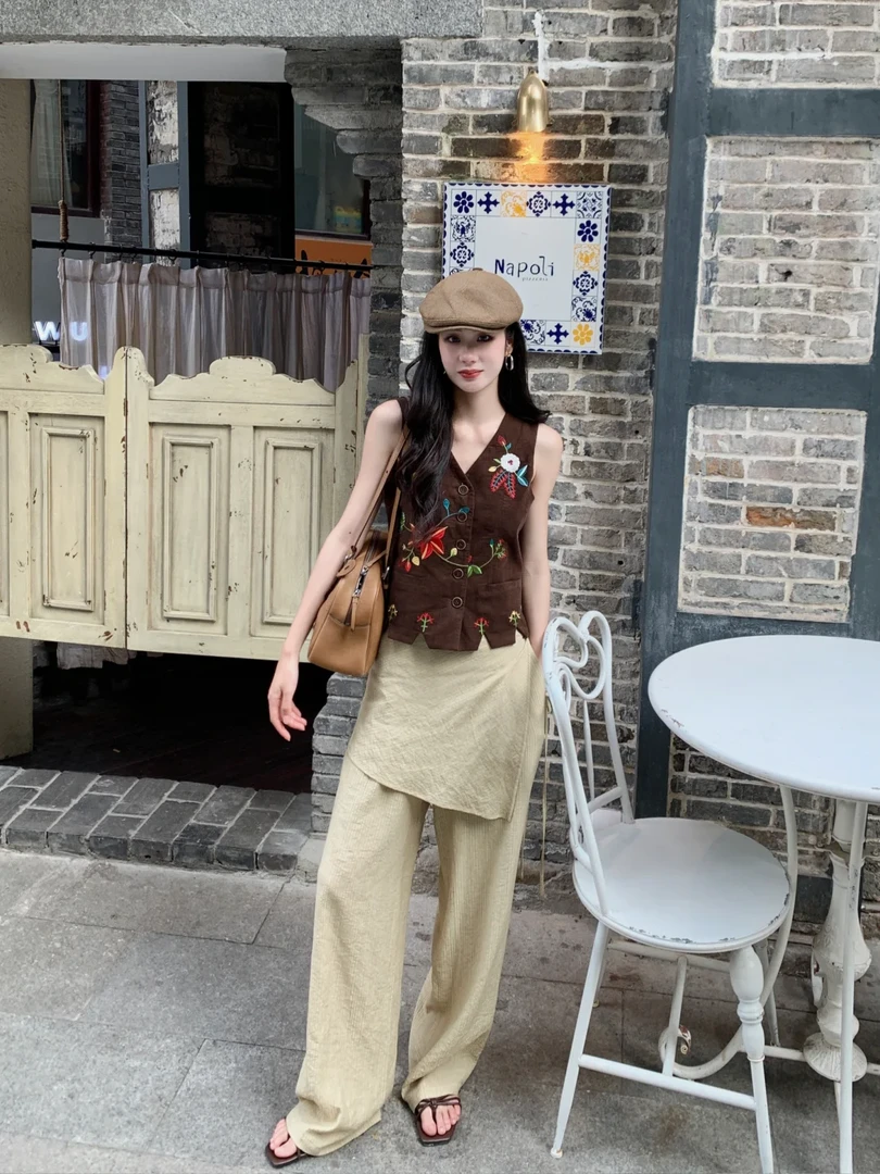 法式复古民族风刺绣马甲背心女装高腰直筒假两件休闲阔腿裤两件套