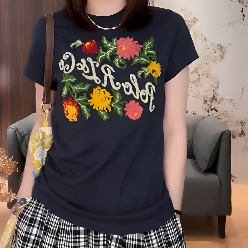 夏装2025年新款刺绣花朵短袖t恤上衣