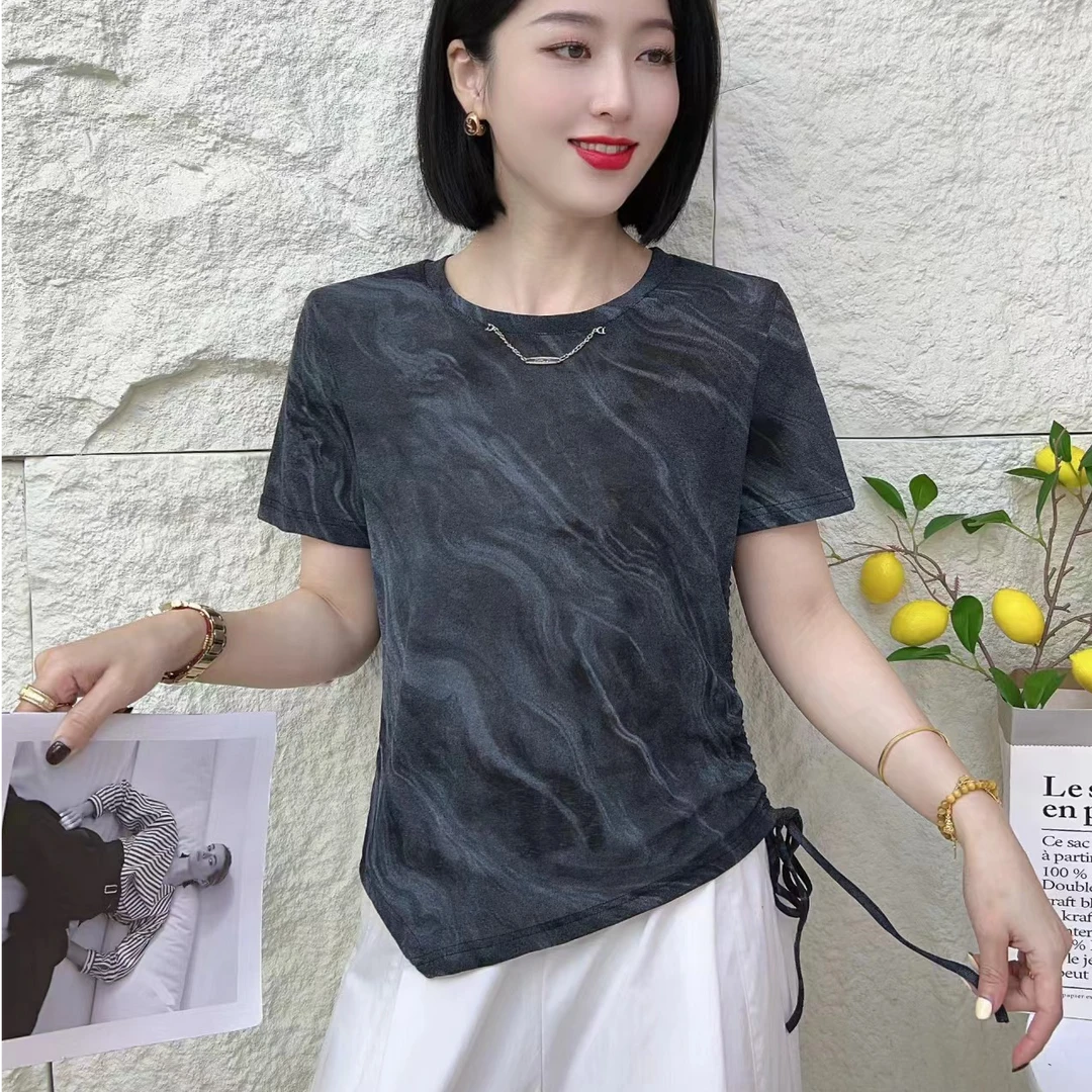 小鑫肝@现货浮力扎染风带链不规则下摆抽绳百搭T恤 5906