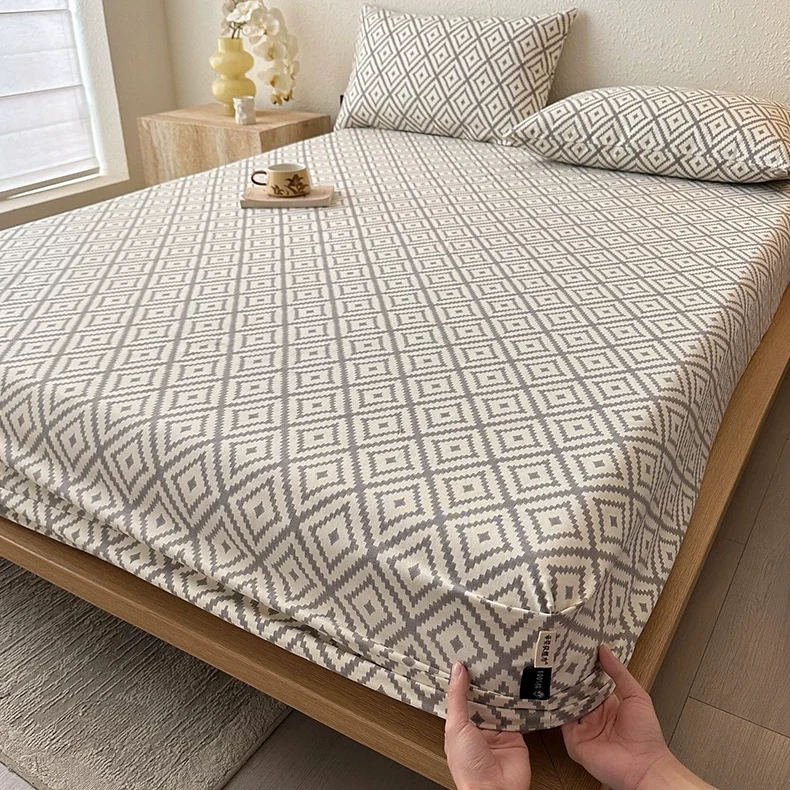 【菱形灰】原棉汉麻帆布老粗布1.5X2床笠凉席床垫保护套四季可用