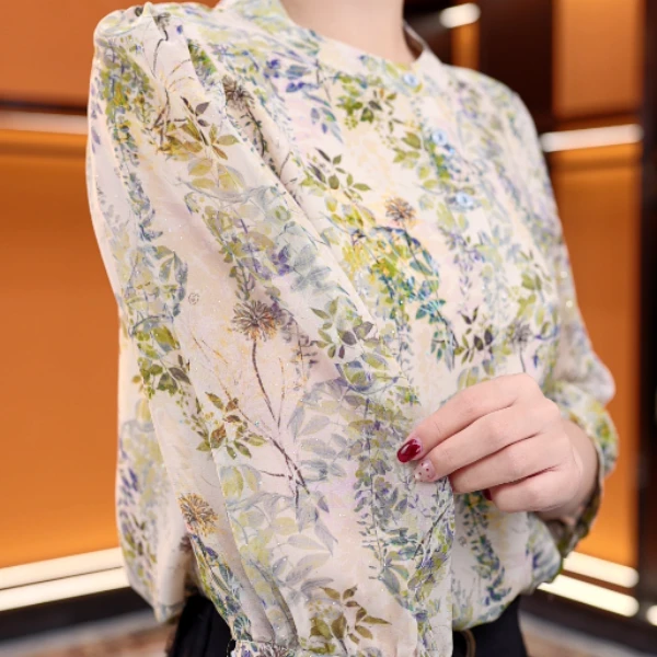 2025新款花卉竹影优雅小衫洋气衣服基础款衬衫短袖女上衣打底薄夏
