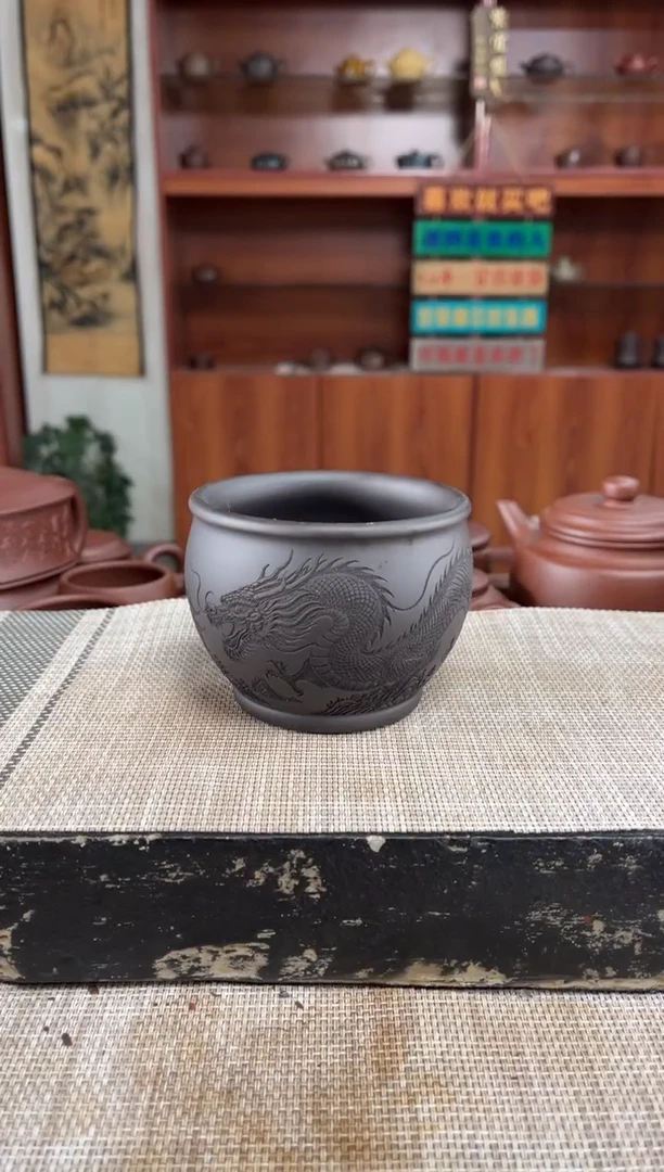 茶杯紫砂石黄刻龙缸杯主人杯泡沫装