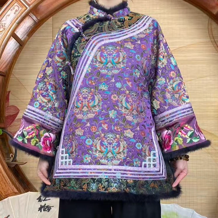 60姆米紫底妆花云锦苏绣贴边100桑蚕丝日常上衣棉衣新中式