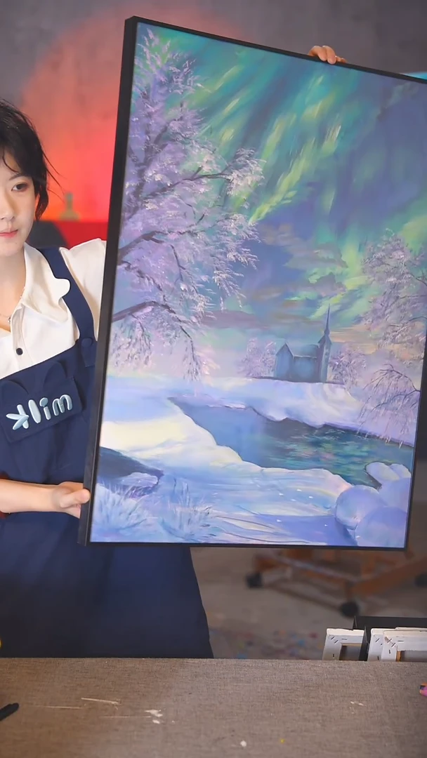 油画风*谙极光雪景丙烯画纯手绘